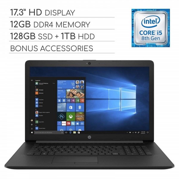 HP Pavilion 2019 Premium 17.3 inch HD Laptop Notebook Computer, 4-Core Intel Core i5-8265U 1.60 GHz, 12GB RAM, 128GB SSD + 1TB HDD, DVD, Wi-Fi, Bluetooth, Webcam, HDMI, Windows 10