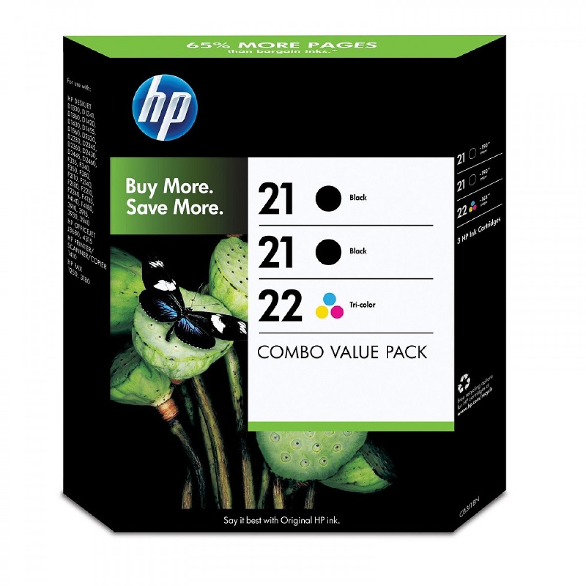 HP 21 Black(2)/22 Tricolor(1) 3pack Original Ink Cartridges (CB311BN)